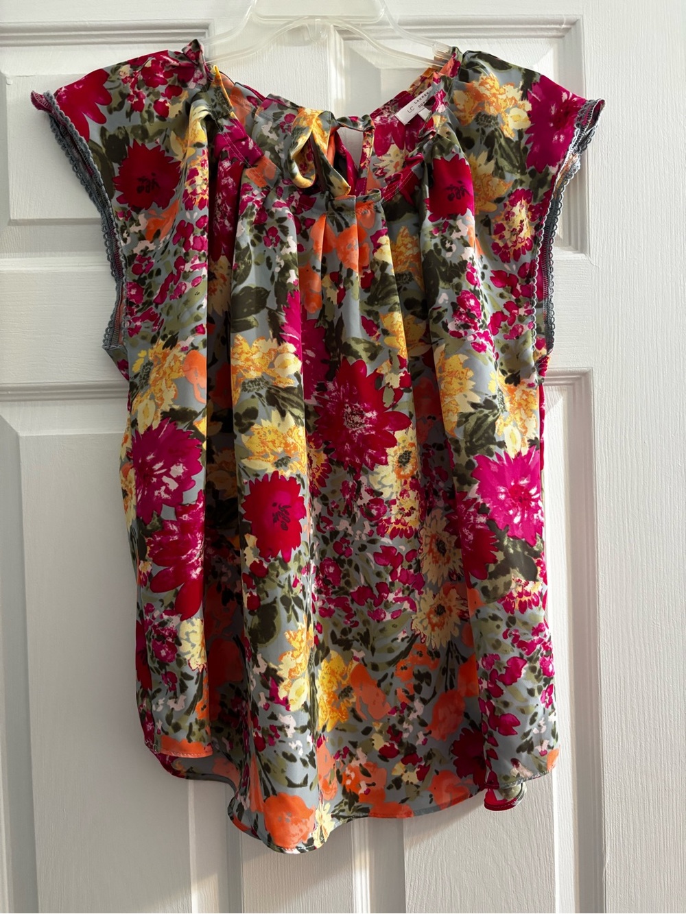 LC Lauren Conrad Fuchsia, Yellow & Orange Floral Tie-Neck Blouse